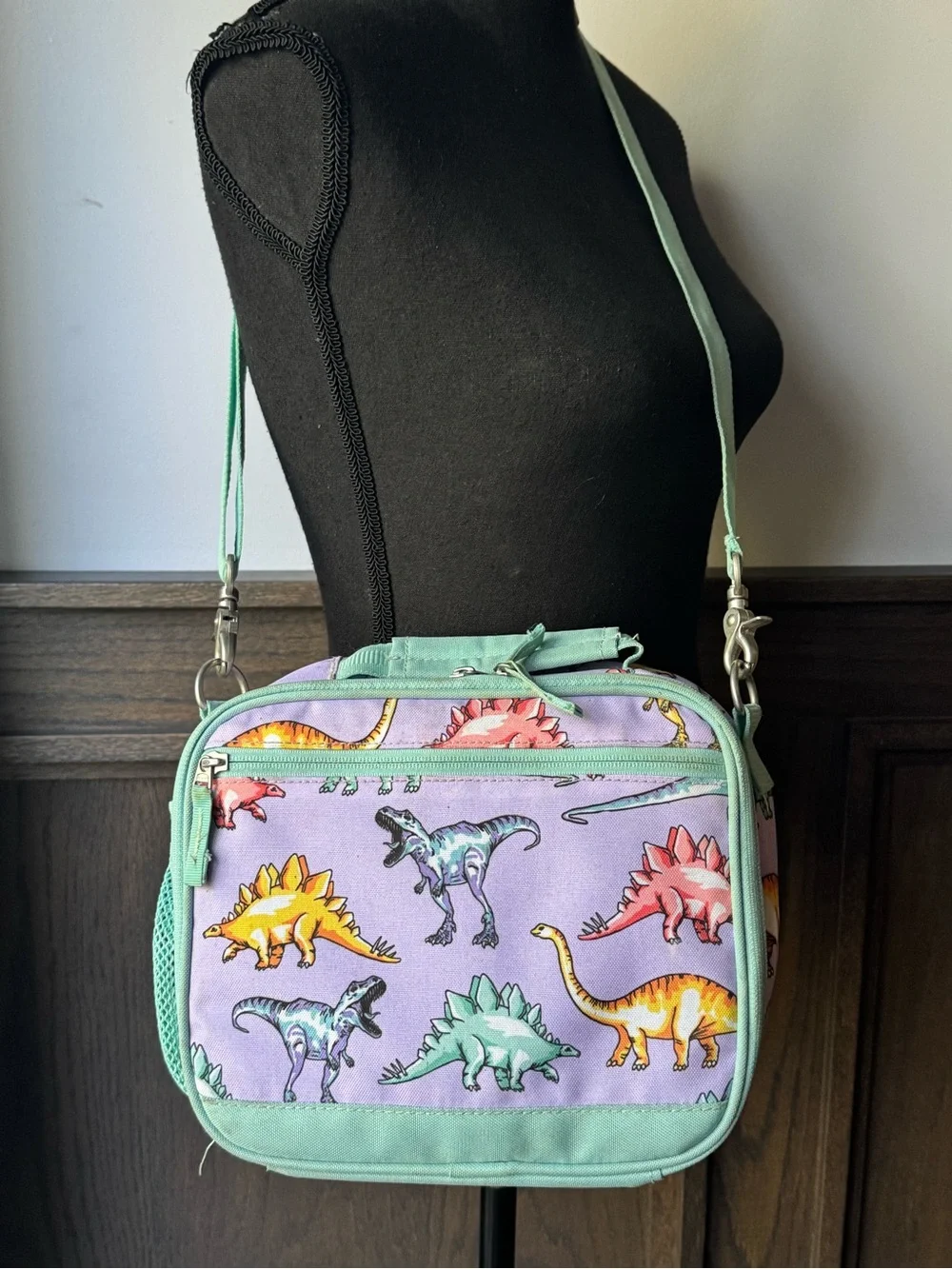 Pottery Barn Kids Lavender Dinosaur Crossbody with Mint Trim